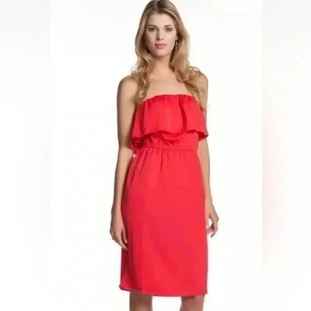 BCBGMAXAZRIA Malia Red Satin Ruffled Tiered Strapless Blouson Dress Size S